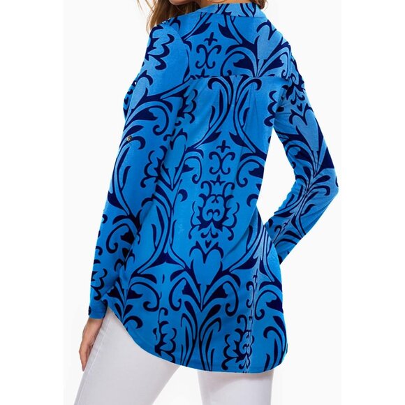 Women's V Neck Zip Cuffed Sleeve Flowy Work Tunic Tops Shirts Blouse - Picture 4 of 4